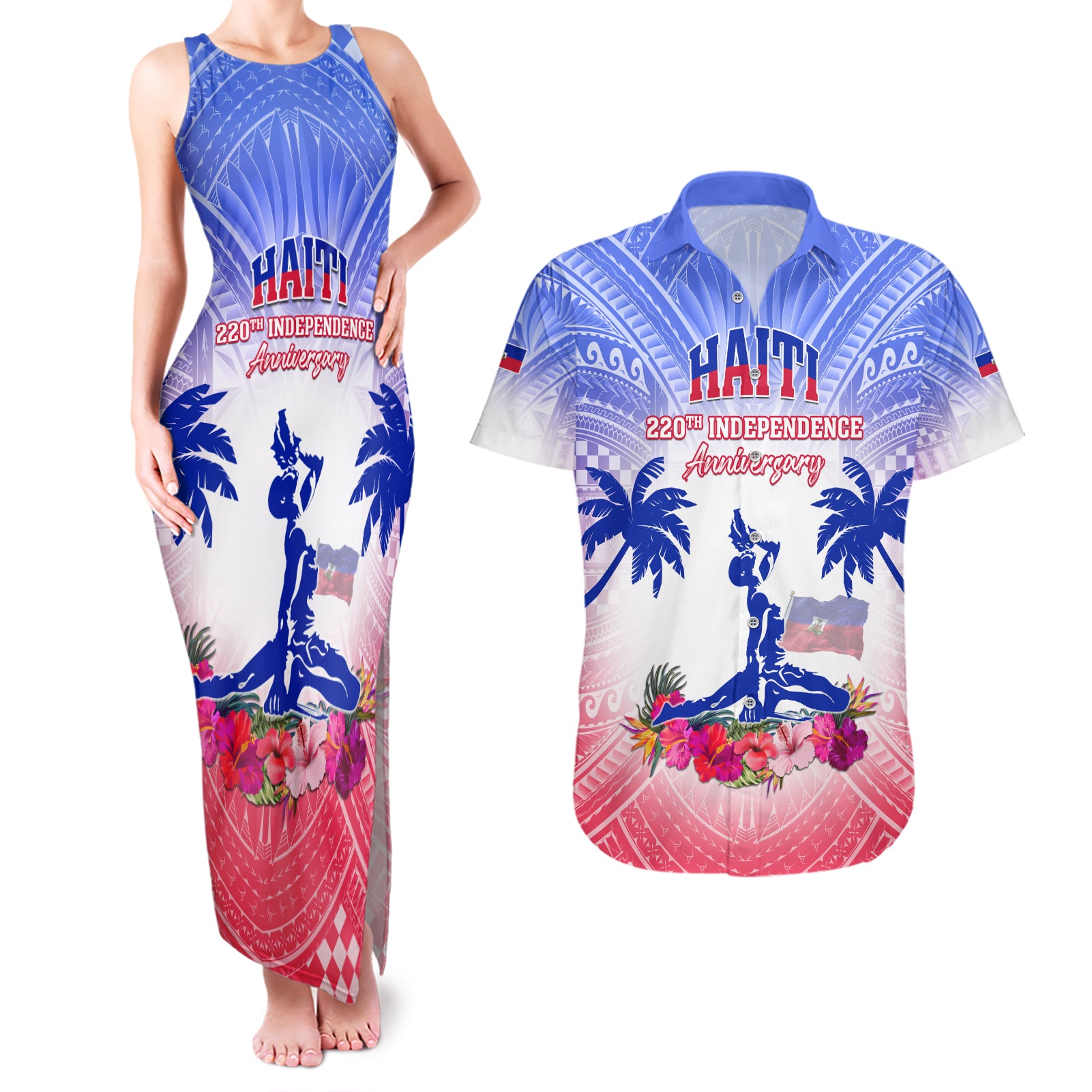 Personalised Haiti Independence Day Couples Matching Tank Maxi Dress and Hawaiian Shirt Neg Maron Polynesian Style