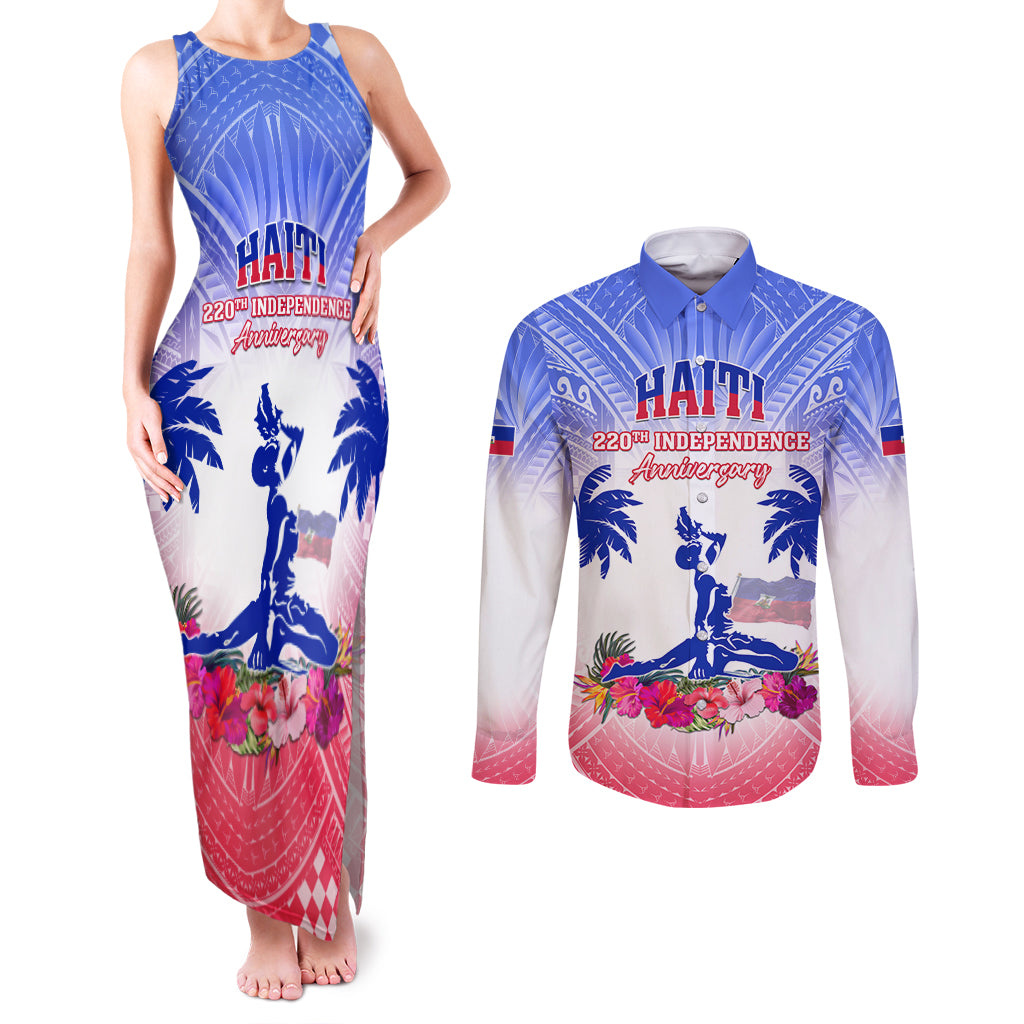 Personalised Haiti Independence Day Couples Matching Tank Maxi Dress and Long Sleeve Button Shirt Neg Maron Polynesian Style