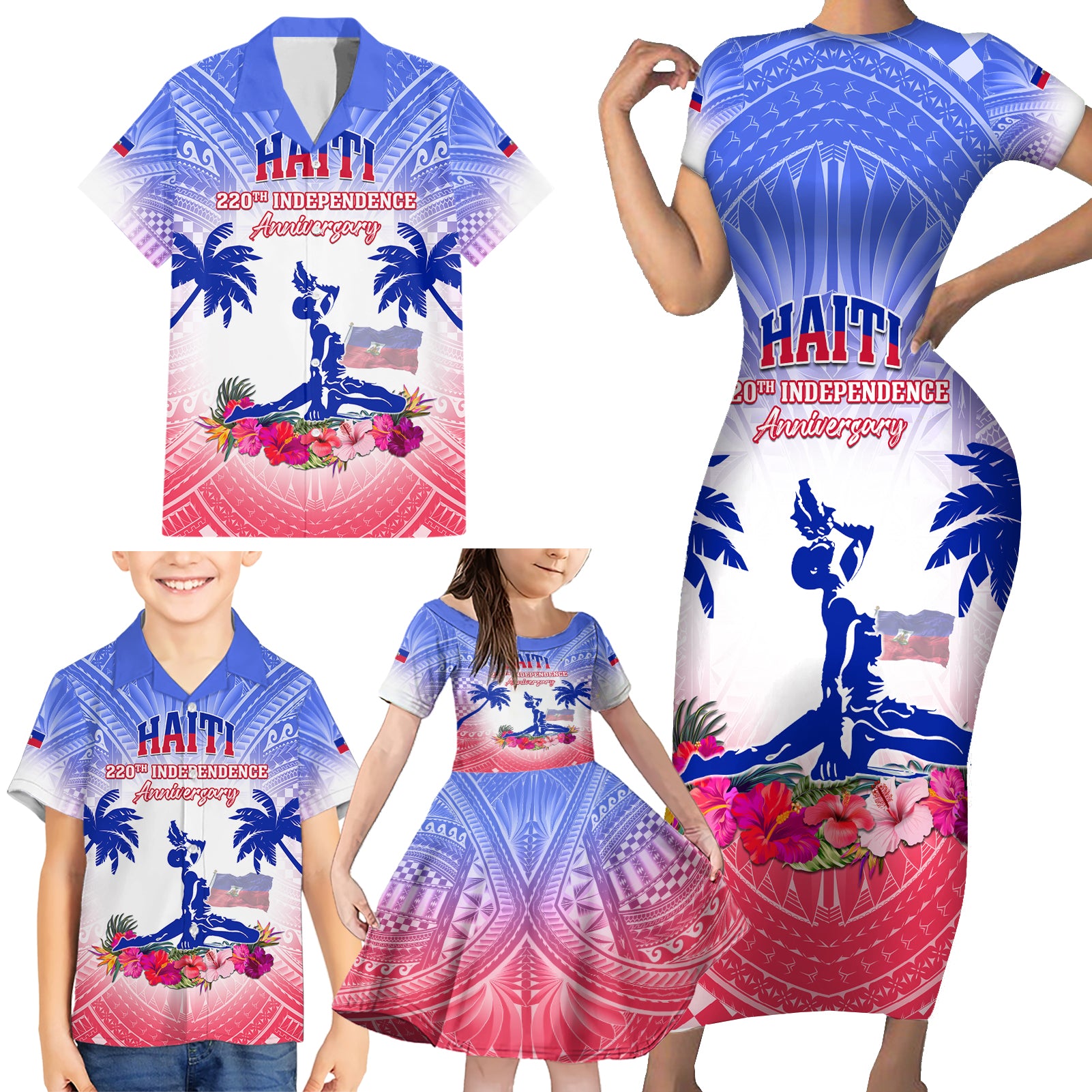 Personalised Haiti Independence Day Family Matching Short Sleeve Bodycon Dress and Hawaiian Shirt Neg Maron Polynesian Style