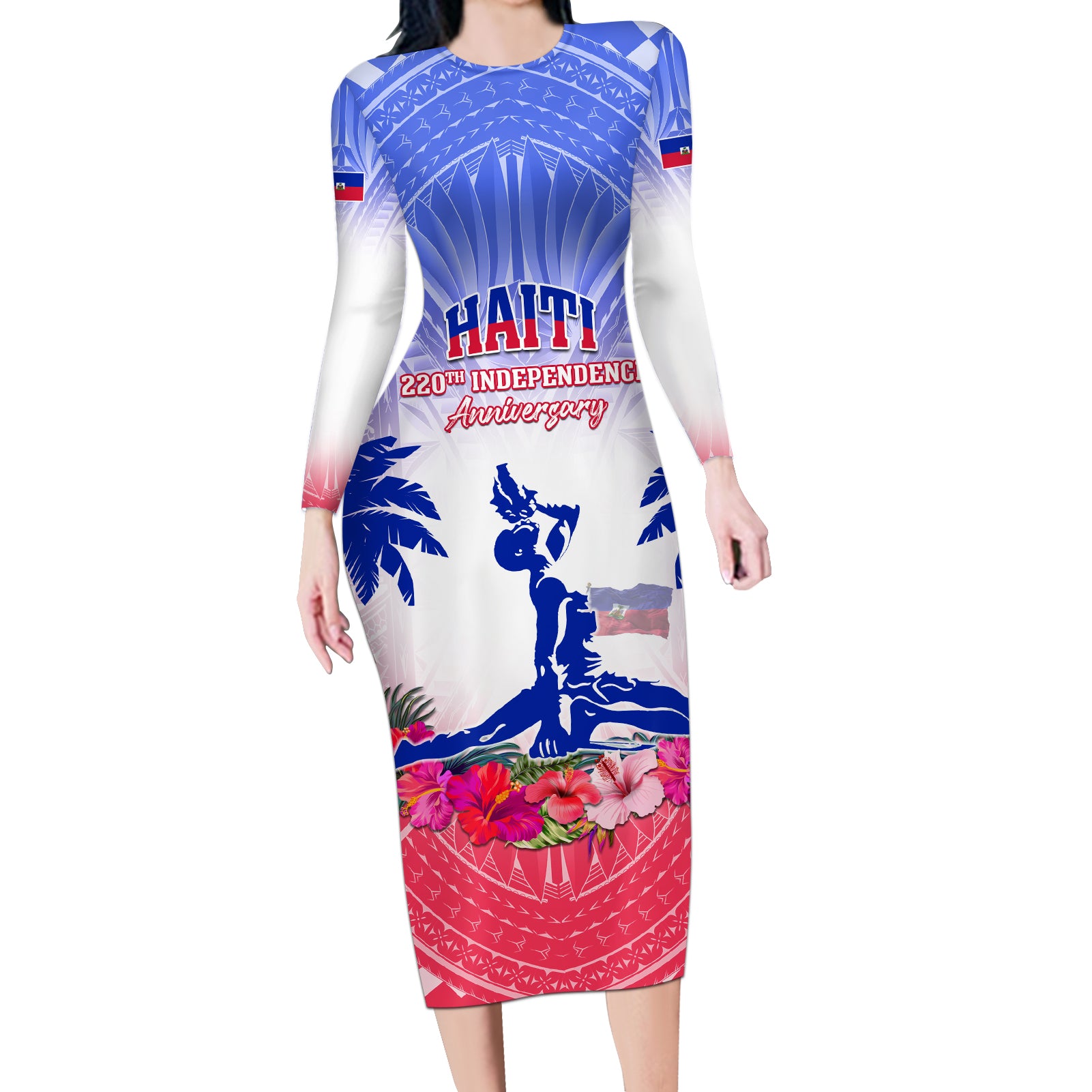 Personalised Haiti Independence Day Long Sleeve Bodycon Dress Neg Maron Polynesian Style