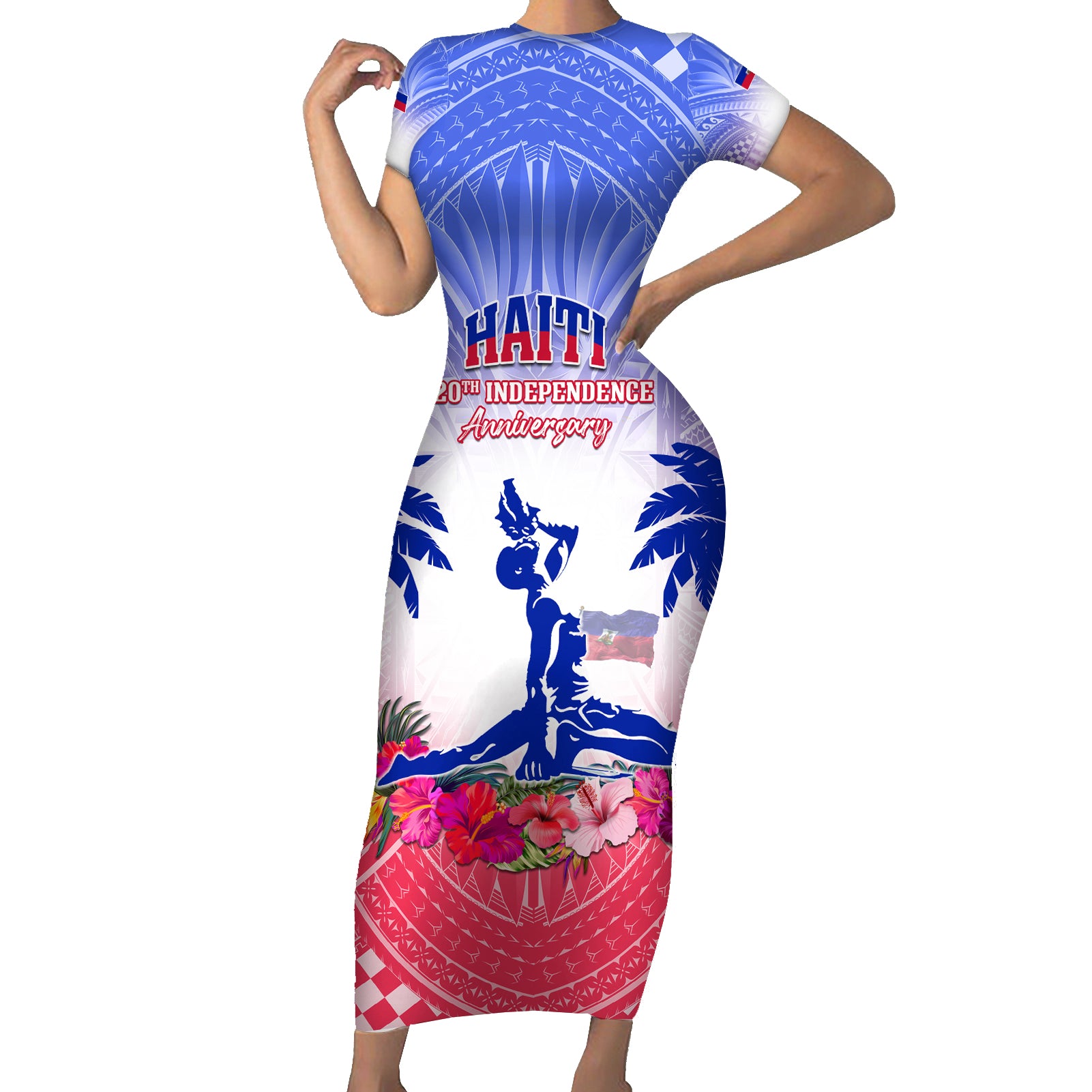 Personalised Haiti Independence Day Short Sleeve Bodycon Dress Neg Maron Polynesian Style