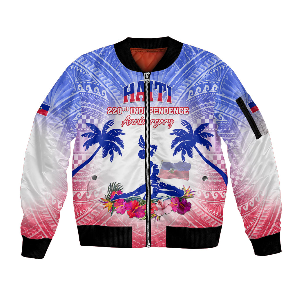 Personalised Haiti Independence Day Sleeve Zip Bomber Jacket Neg Maron Polynesian Style