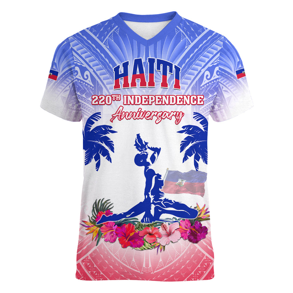 Personalised Haiti Independence Day Women V-Neck T-Shirt Neg Maron Polynesian Style