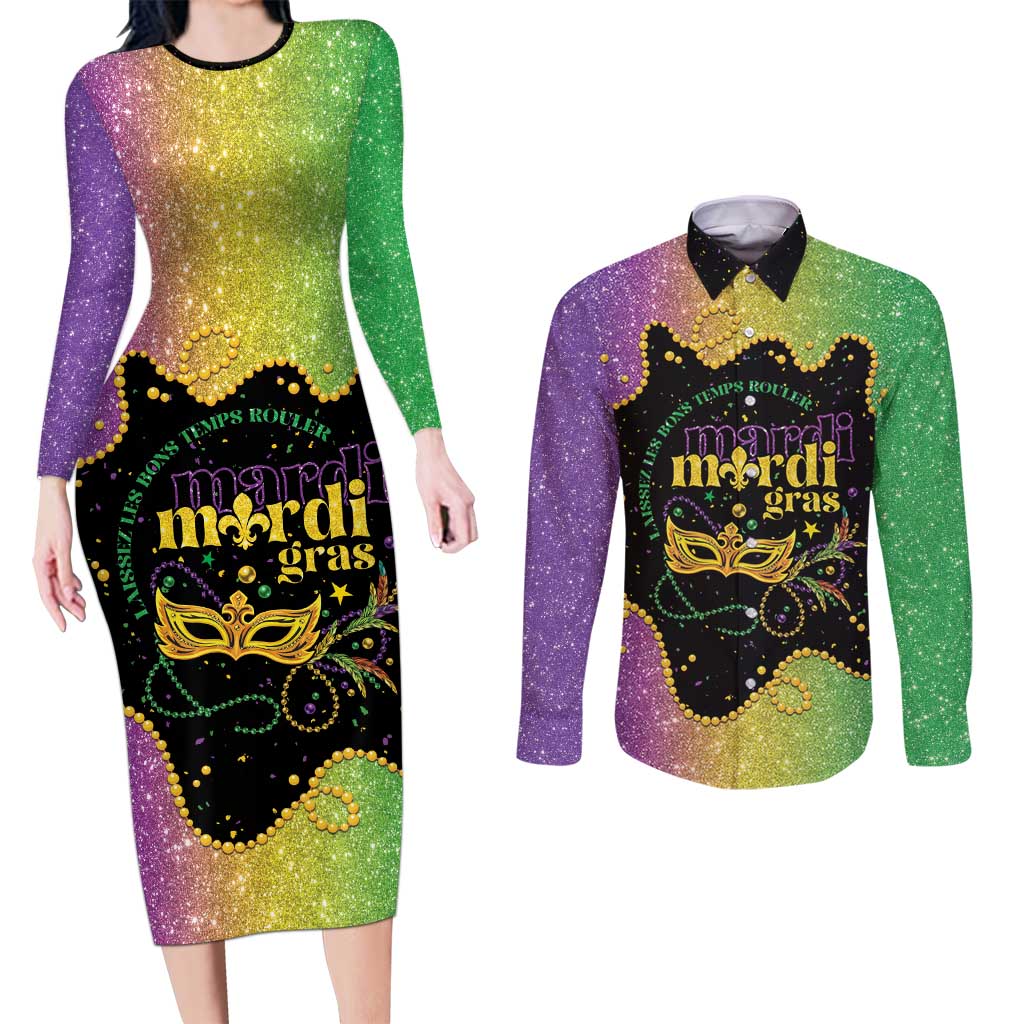 Mardi Gras Couples Matching Long Sleeve Bodycon Dress and Long Sleeve Button Shirt Laissez Les Bons Temps Rouler
