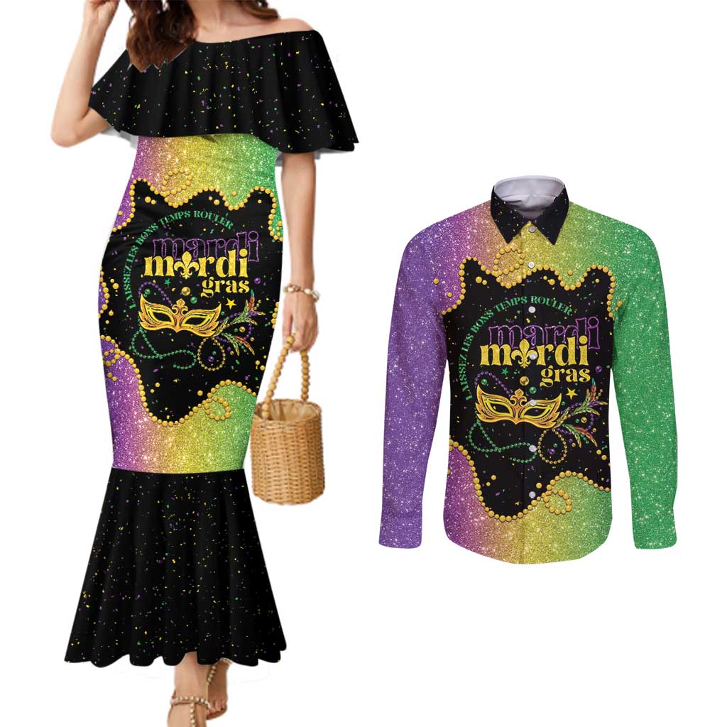 Mardi Gras Couples Matching Mermaid Dress and Long Sleeve Button Shirt Laissez Les Bons Temps Rouler