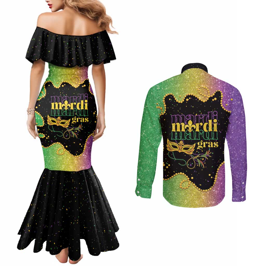 Mardi Gras Couples Matching Mermaid Dress and Long Sleeve Button Shirt Laissez Les Bons Temps Rouler