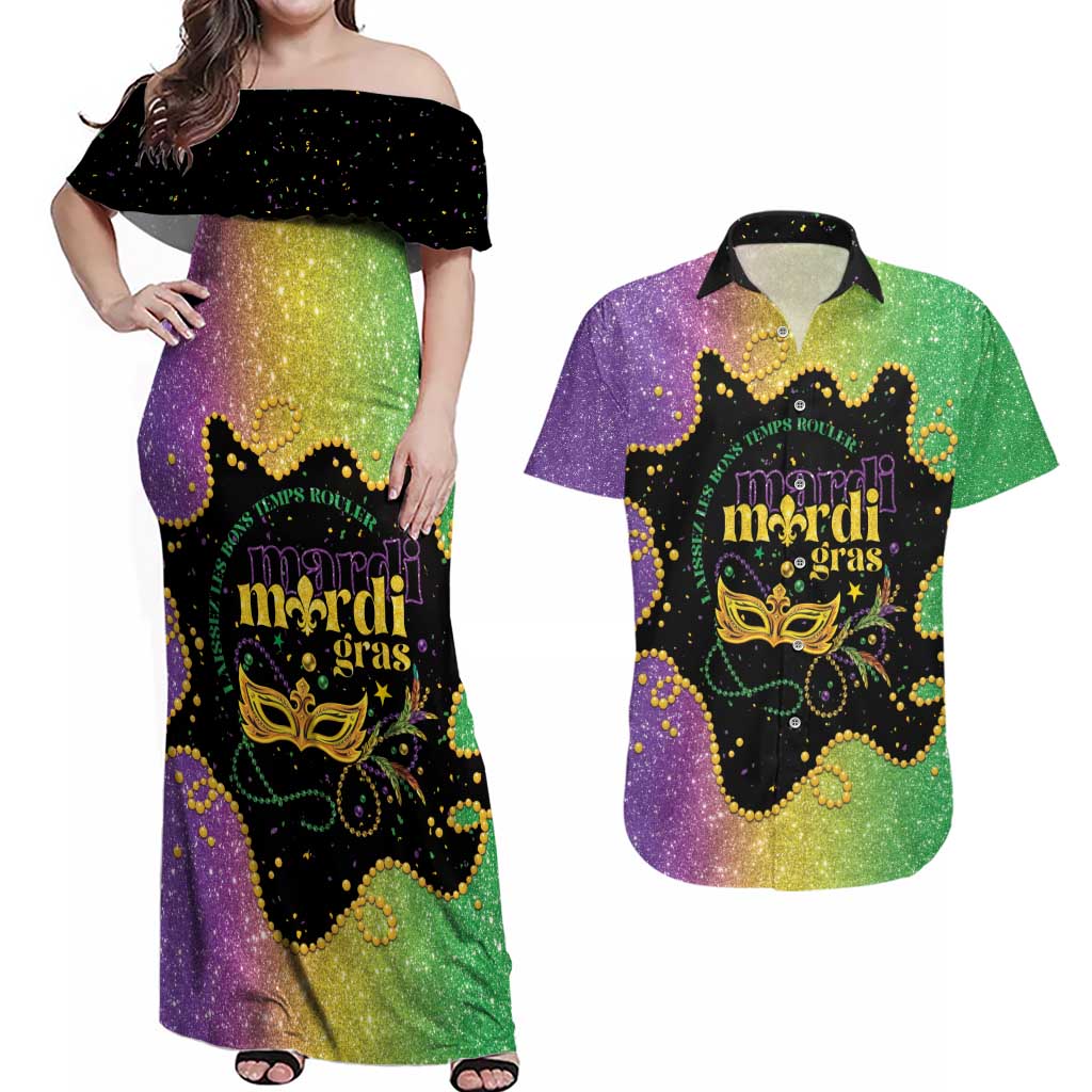 Mardi Gras Couples Matching Off Shoulder Maxi Dress and Hawaiian Shirt Laissez Les Bons Temps Rouler