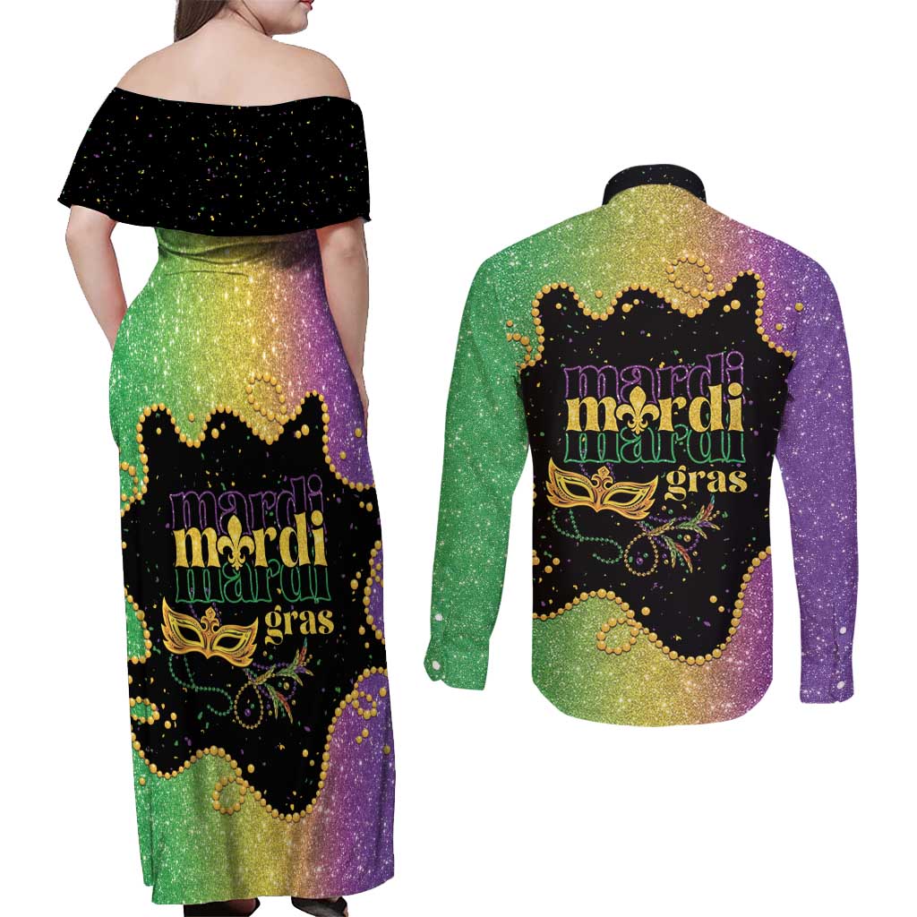 Mardi Gras Couples Matching Off Shoulder Maxi Dress and Long Sleeve Button Shirt Laissez Les Bons Temps Rouler