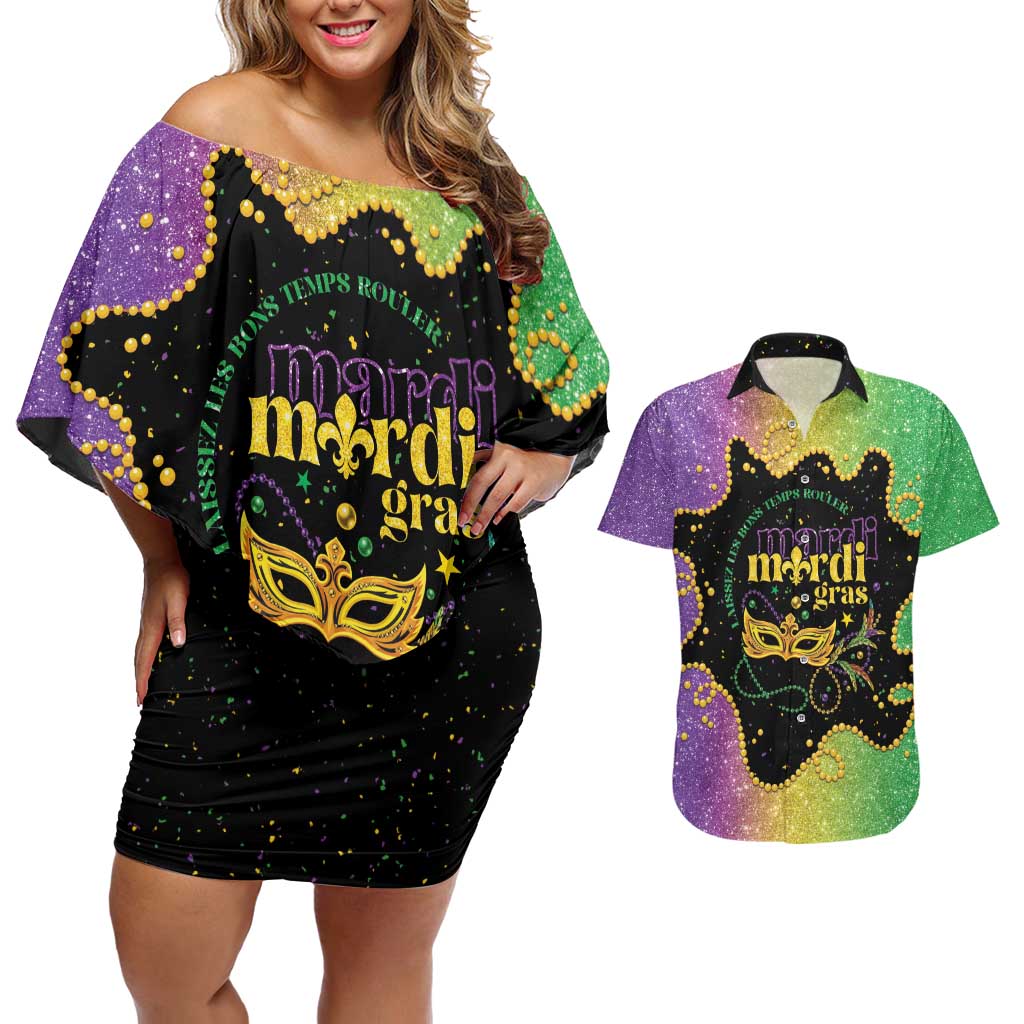 Mardi Gras Couples Matching Off Shoulder Short Dress and Hawaiian Shirt Laissez Les Bons Temps Rouler