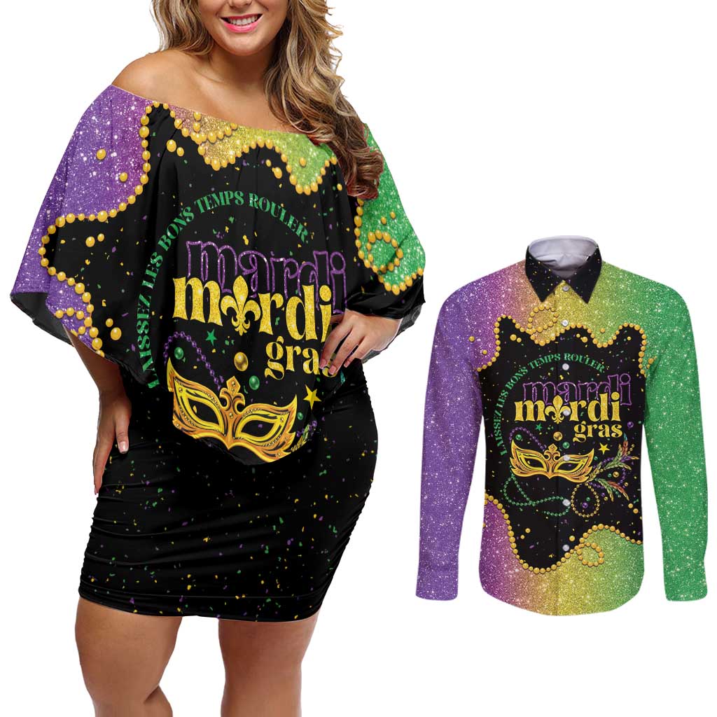 Mardi Gras Couples Matching Off Shoulder Short Dress and Long Sleeve Button Shirt Laissez Les Bons Temps Rouler