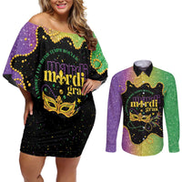 Mardi Gras Couples Matching Off Shoulder Short Dress and Long Sleeve Button Shirt Laissez Les Bons Temps Rouler