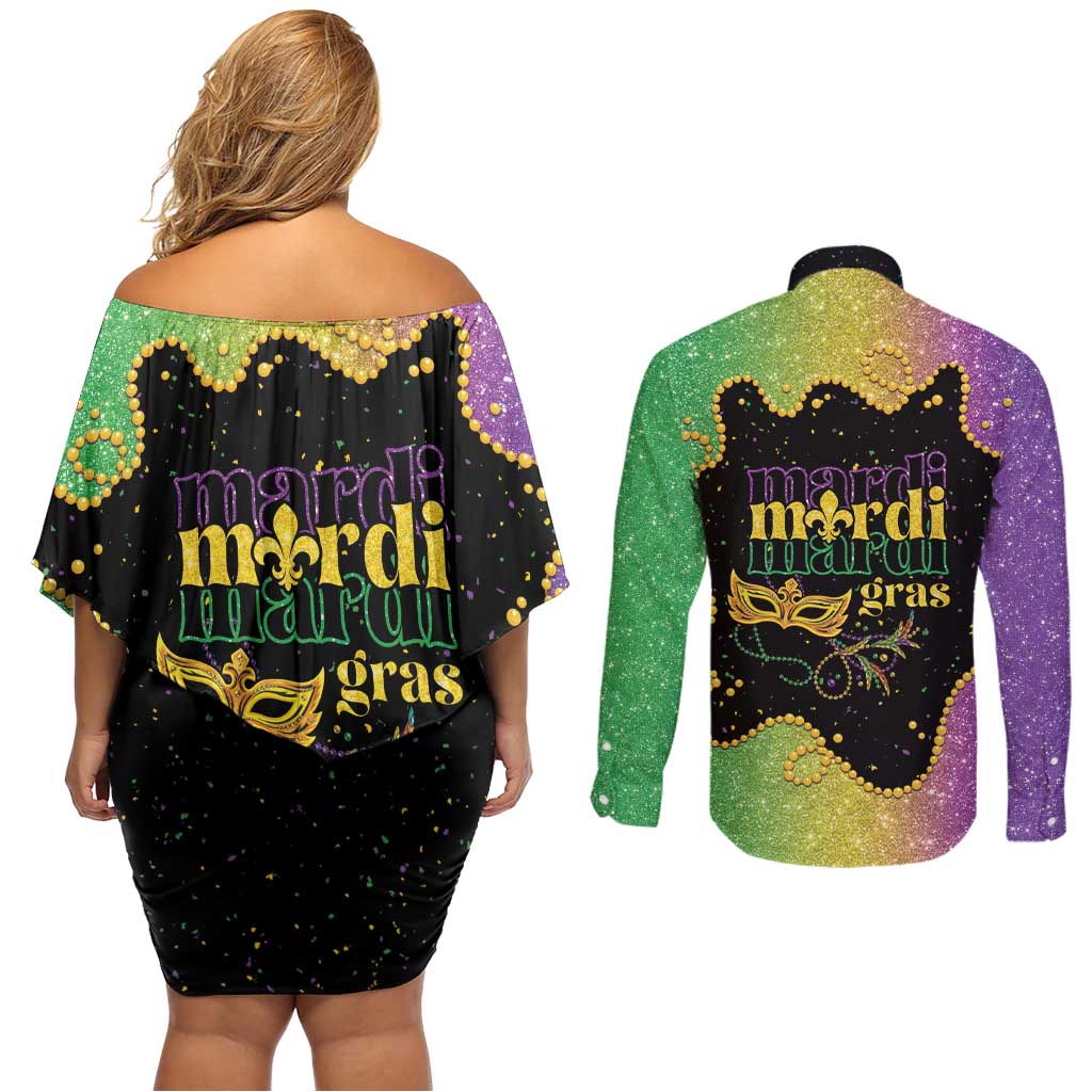 Mardi Gras Couples Matching Off Shoulder Short Dress and Long Sleeve Button Shirt Laissez Les Bons Temps Rouler