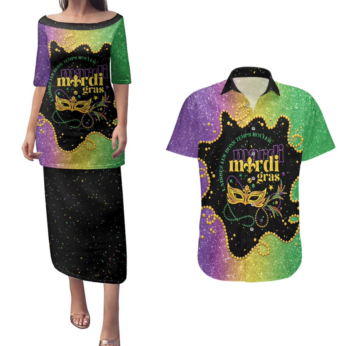 Mardi Gras Couples Matching Puletasi and Hawaiian Shirt Laissez Les Bons Temps Rouler
