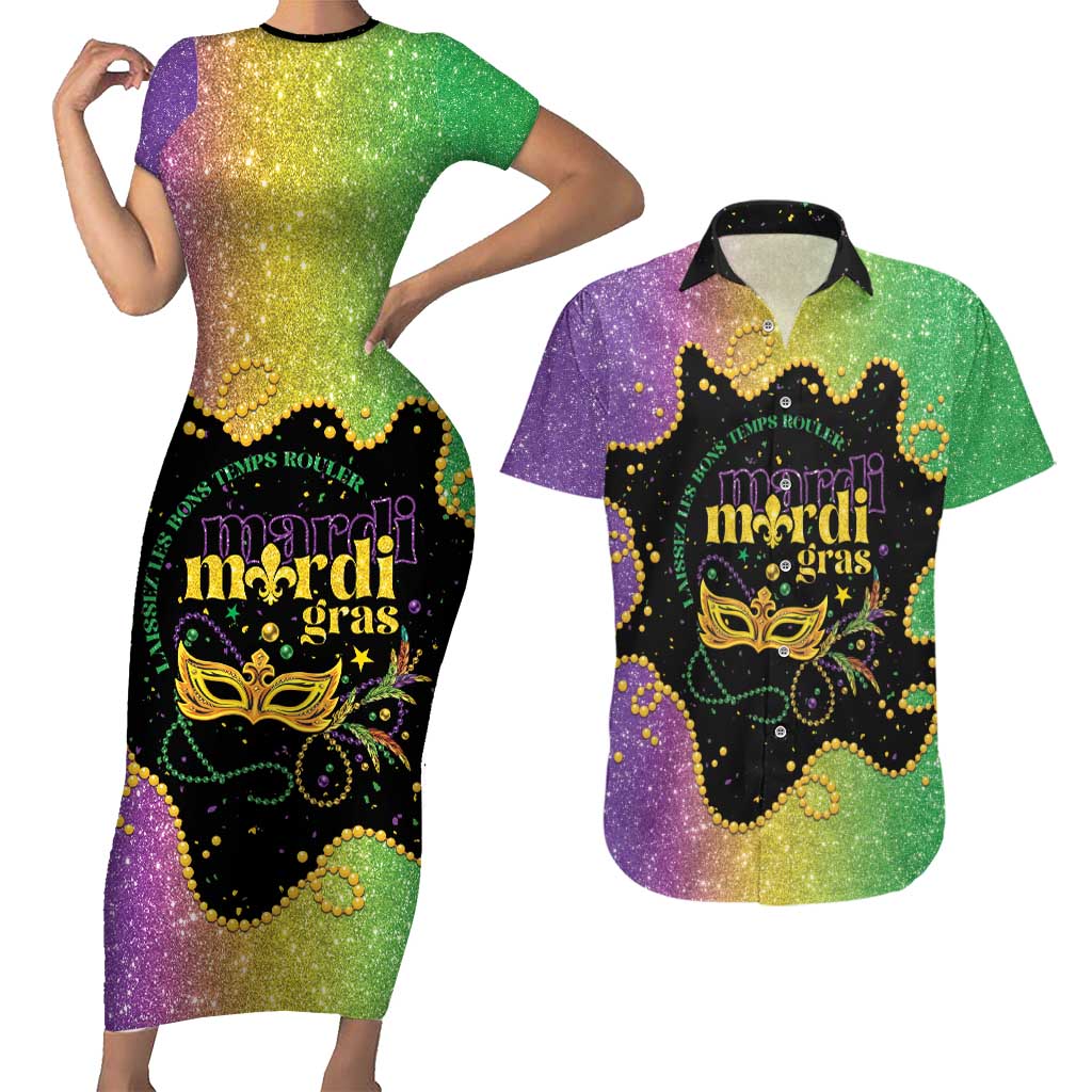Mardi Gras Couples Matching Short Sleeve Bodycon Dress and Hawaiian Shirt Laissez Les Bons Temps Rouler