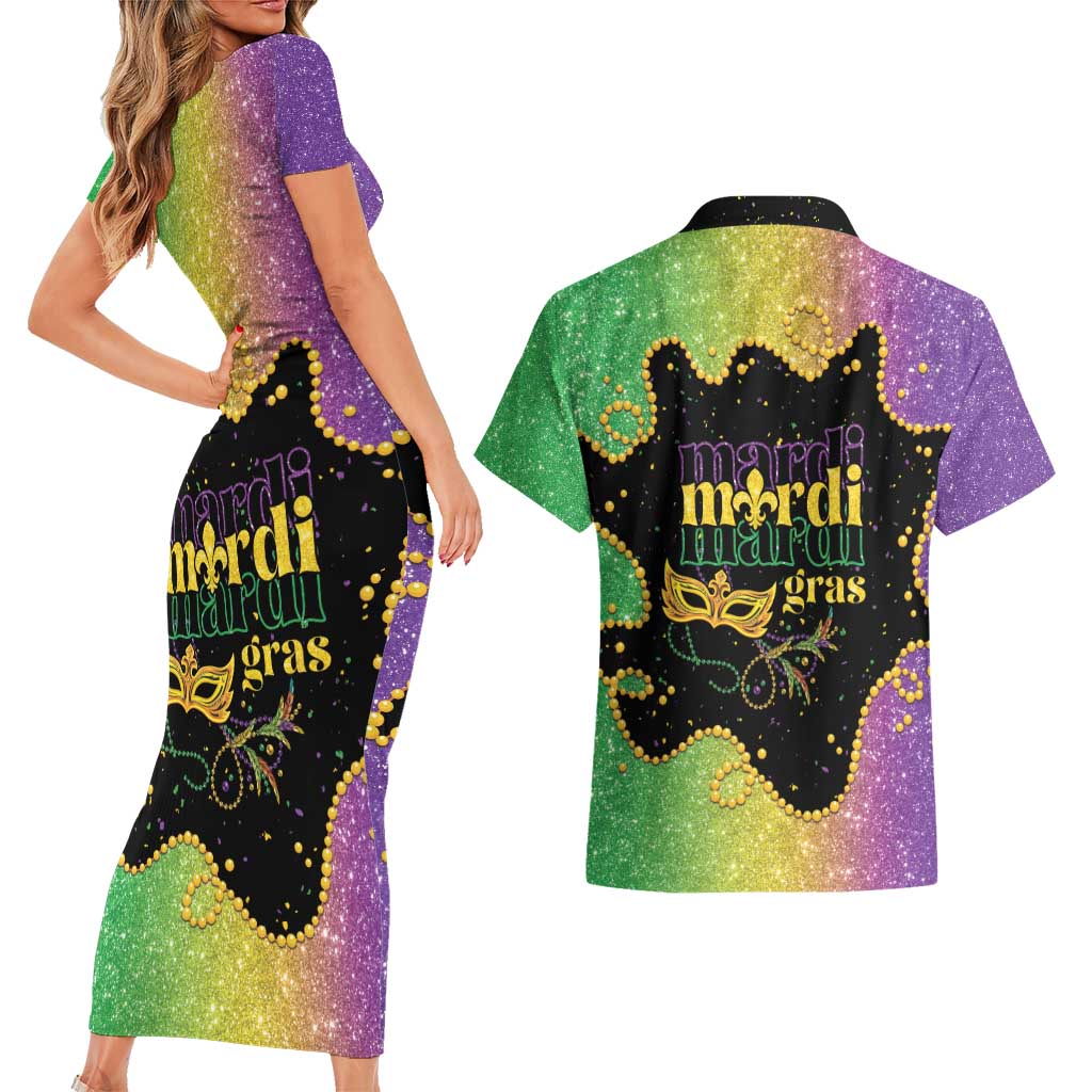 Mardi Gras Couples Matching Short Sleeve Bodycon Dress and Hawaiian Shirt Laissez Les Bons Temps Rouler