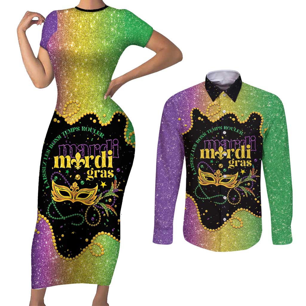 Mardi Gras Couples Matching Short Sleeve Bodycon Dress and Long Sleeve Button Shirt Laissez Les Bons Temps Rouler