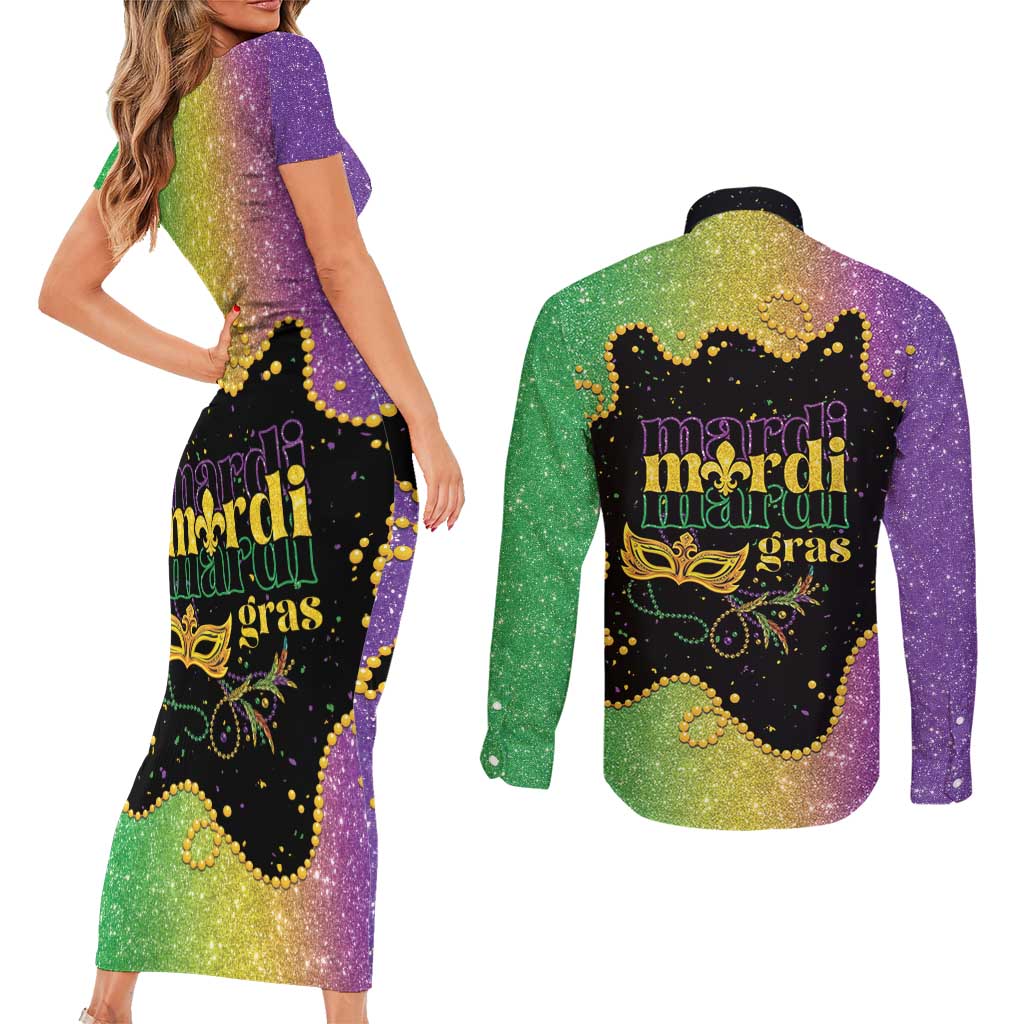 Mardi Gras Couples Matching Short Sleeve Bodycon Dress and Long Sleeve Button Shirt Laissez Les Bons Temps Rouler