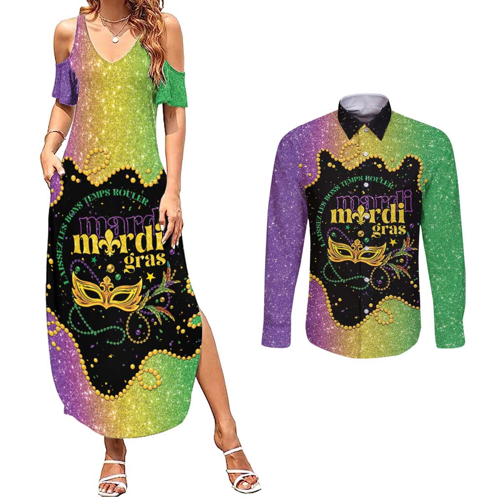 Mardi Gras Couples Matching Summer Maxi Dress and Long Sleeve Button Shirt Laissez Les Bons Temps Rouler