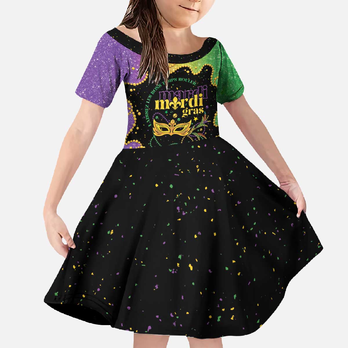Mardi Gras Family Matching Off The Shoulder Long Sleeve Dress and Hawaiian Shirt Laissez Les Bons Temps Rouler