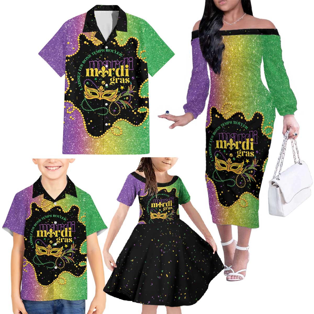Mardi Gras Family Matching Off The Shoulder Long Sleeve Dress and Hawaiian Shirt Laissez Les Bons Temps Rouler