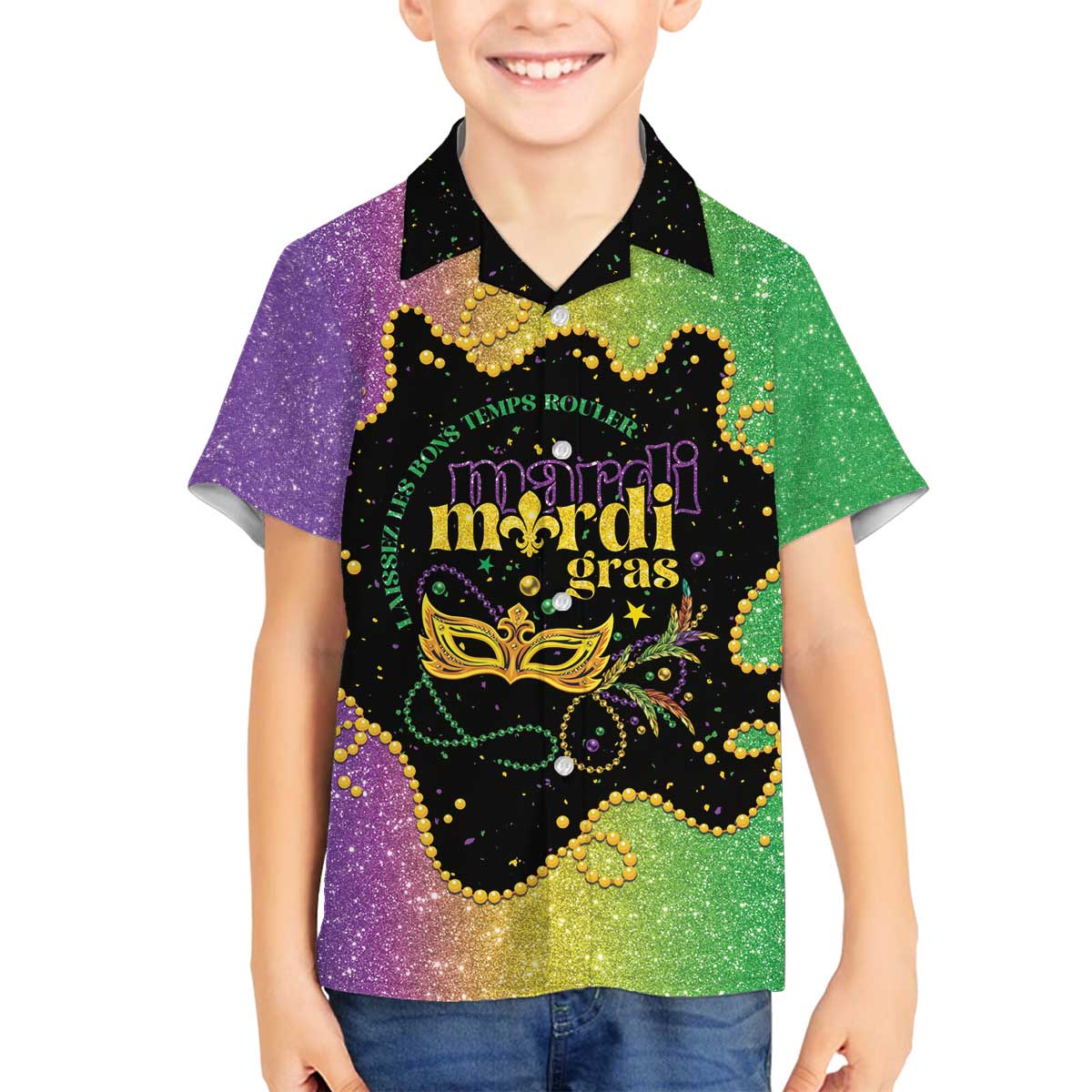 Mardi Gras Family Matching Off The Shoulder Long Sleeve Dress and Hawaiian Shirt Laissez Les Bons Temps Rouler