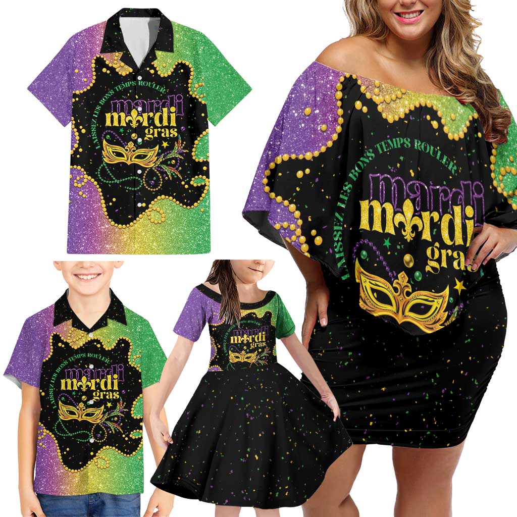 Mardi Gras Family Matching Off Shoulder Short Dress and Hawaiian Shirt Laissez Les Bons Temps Rouler