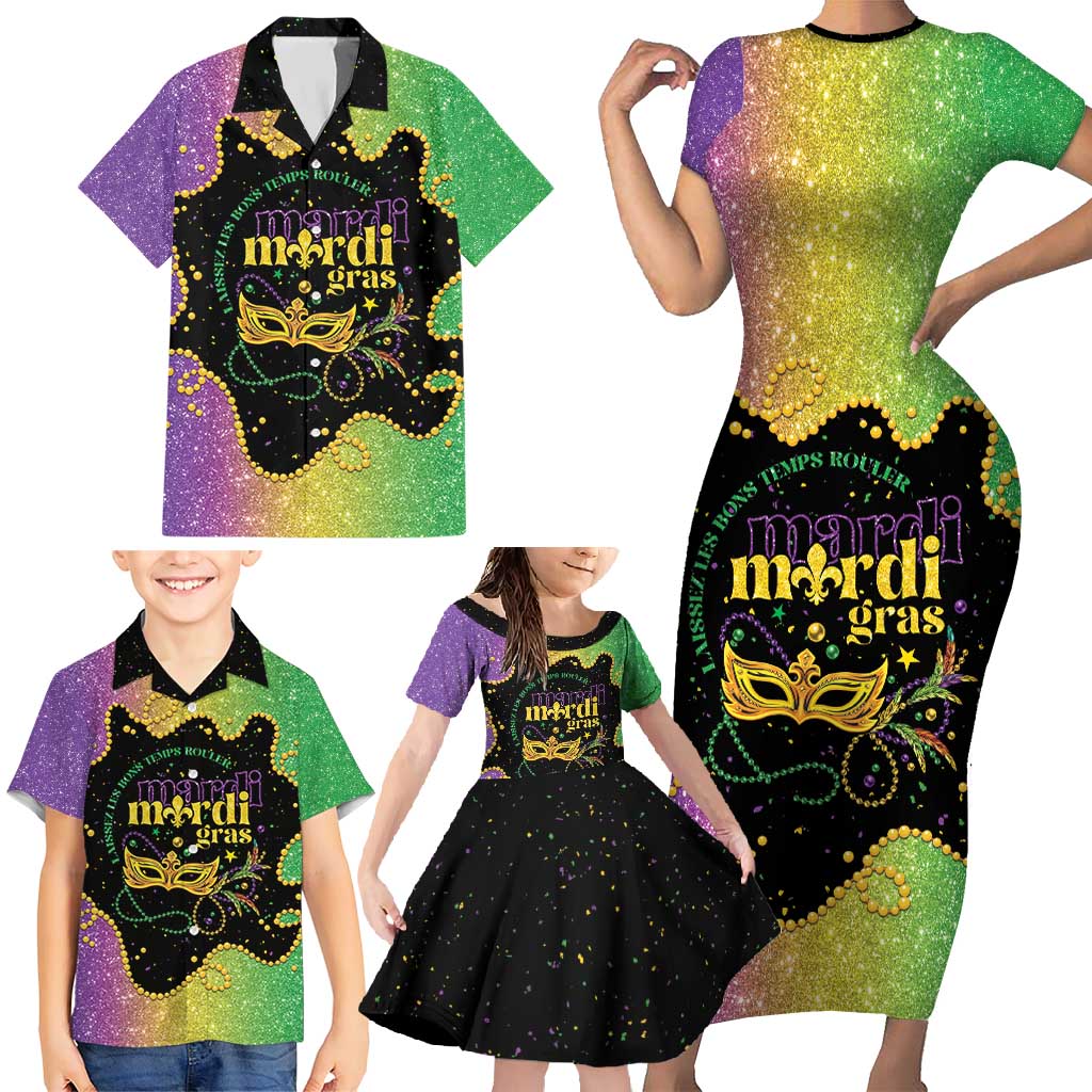Mardi Gras Family Matching Short Sleeve Bodycon Dress and Hawaiian Shirt Laissez Les Bons Temps Rouler
