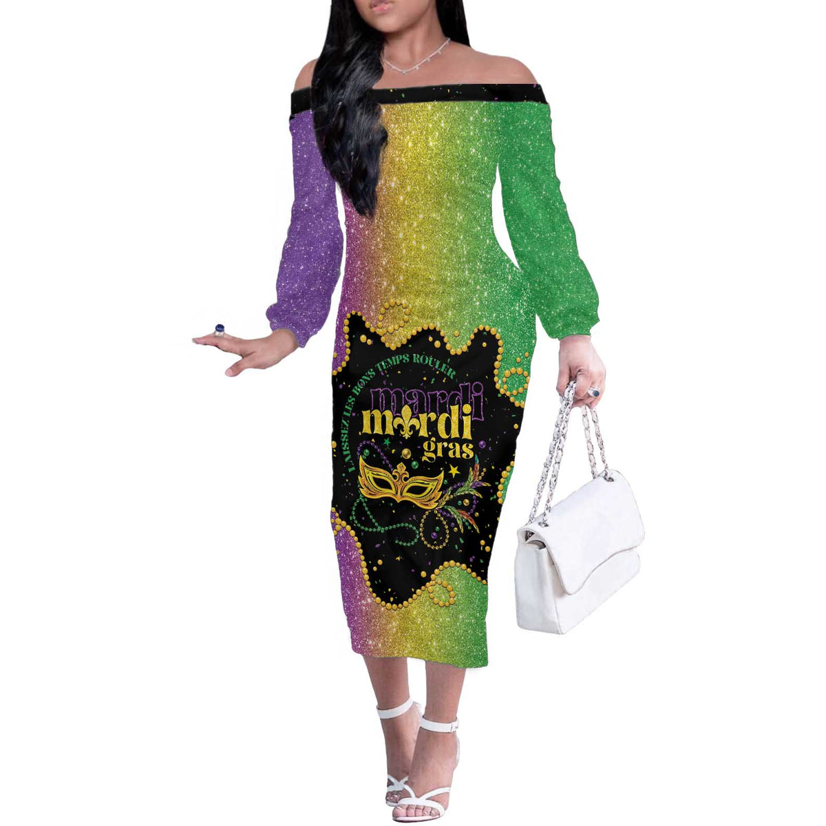 Mardi Gras Off The Shoulder Long Sleeve Dress Laissez Les Bons Temps Rouler