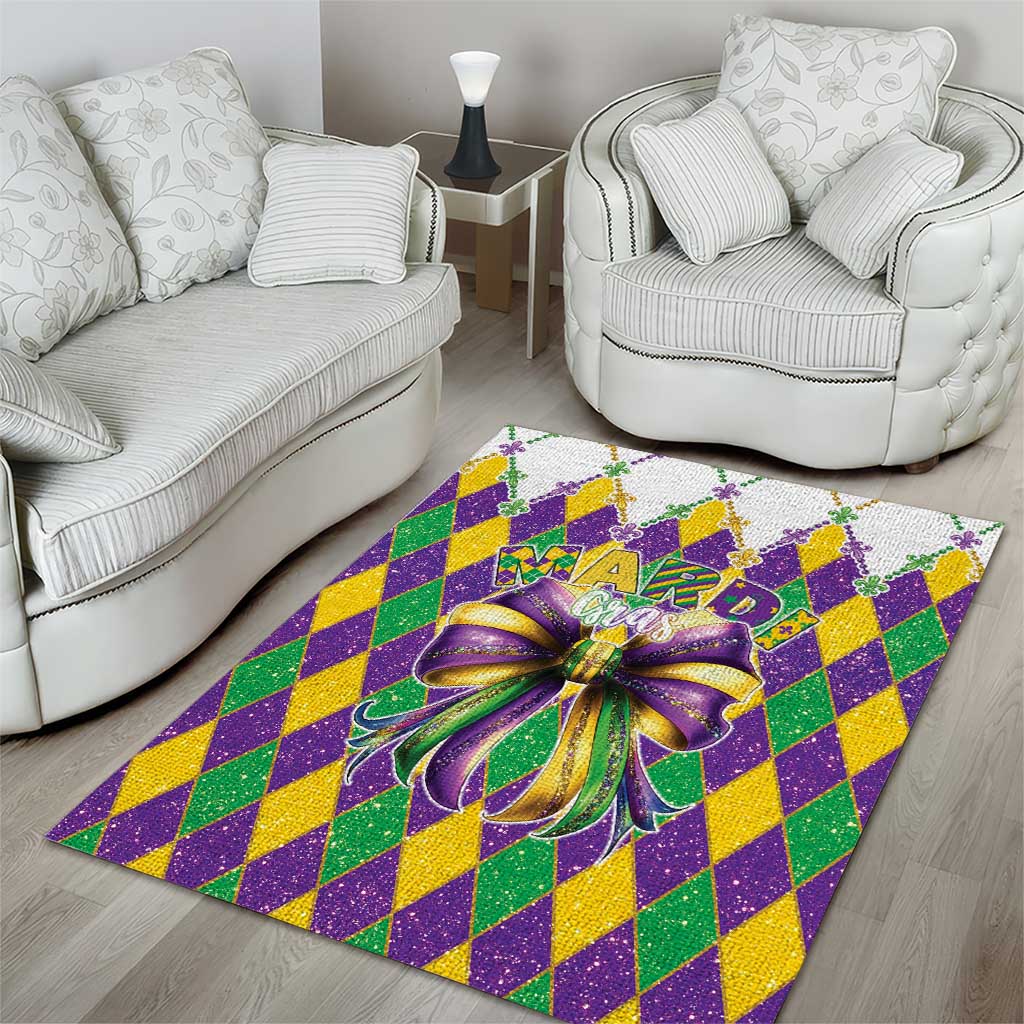 Love Mardi Gras Area Rug Coquette Bow Glitter Style