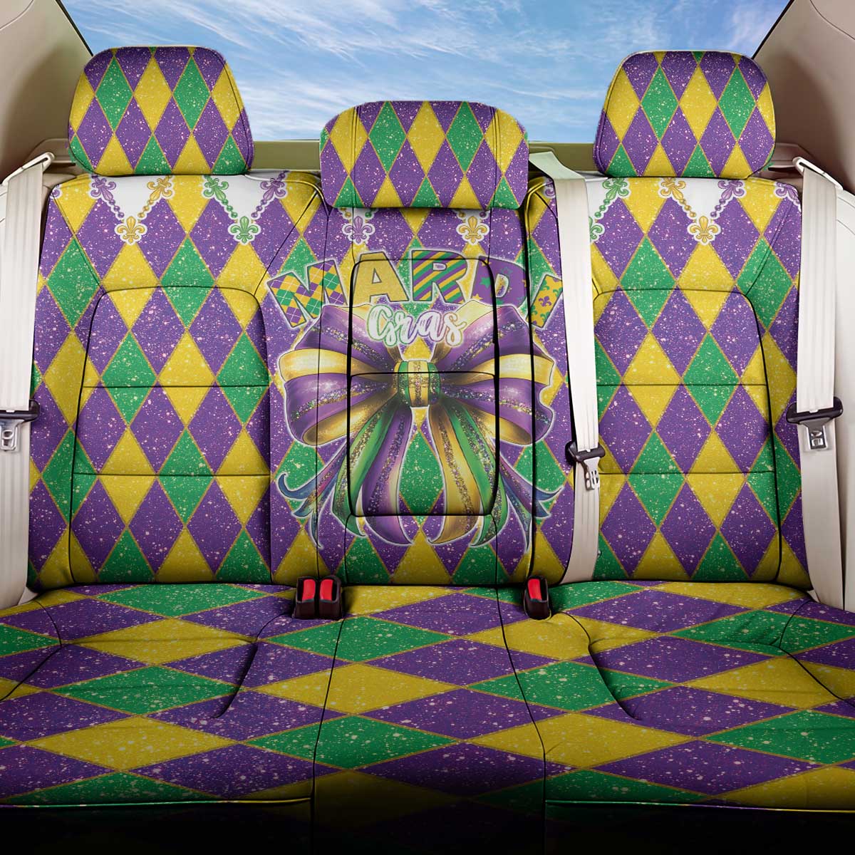 Love Mardi Gras Back Car Seat Cover Coquette Bow Glitter Style