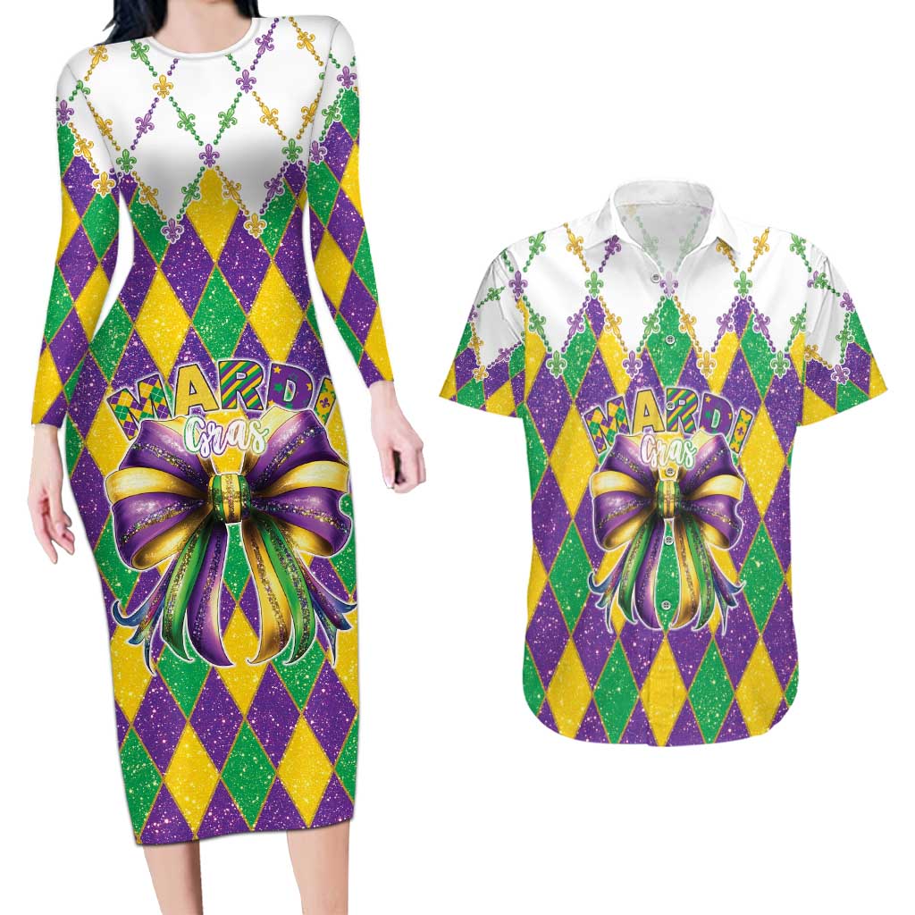 Love Mardi Gras Couples Matching Long Sleeve Bodycon Dress and Hawaiian Shirt Coquette Bow Glitter Style