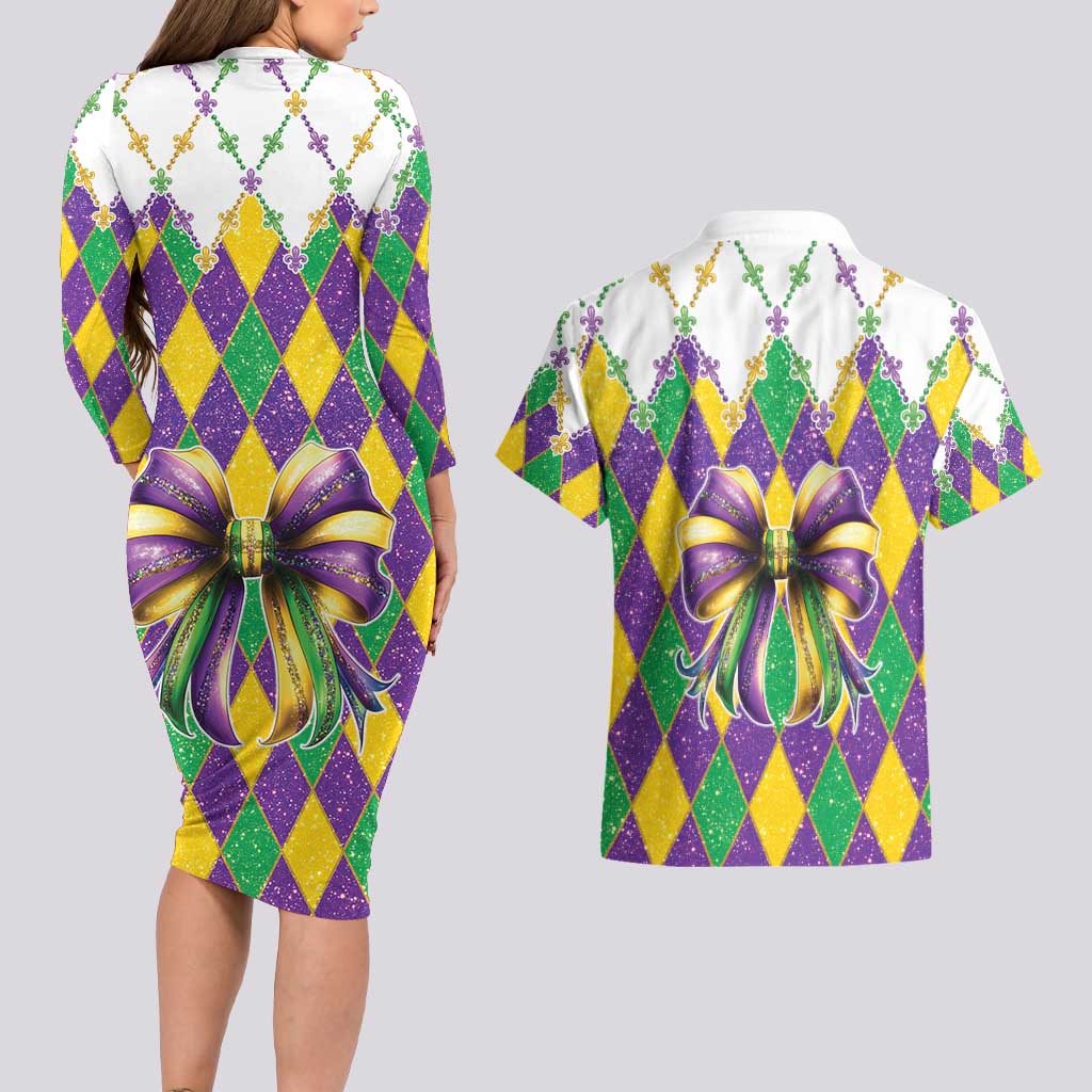 Love Mardi Gras Couples Matching Long Sleeve Bodycon Dress and Hawaiian Shirt Coquette Bow Glitter Style