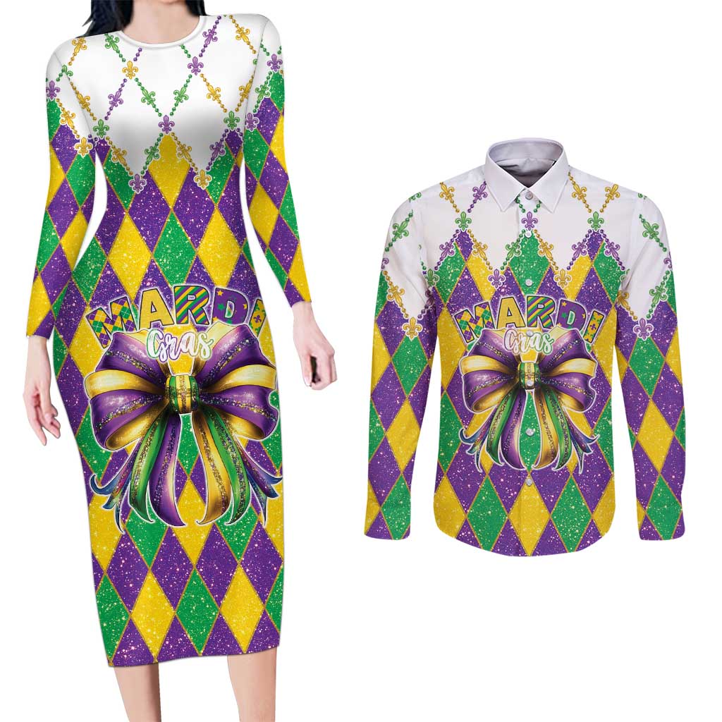 Love Mardi Gras Couples Matching Long Sleeve Bodycon Dress and Long Sleeve Button Shirt Coquette Bow Glitter Style