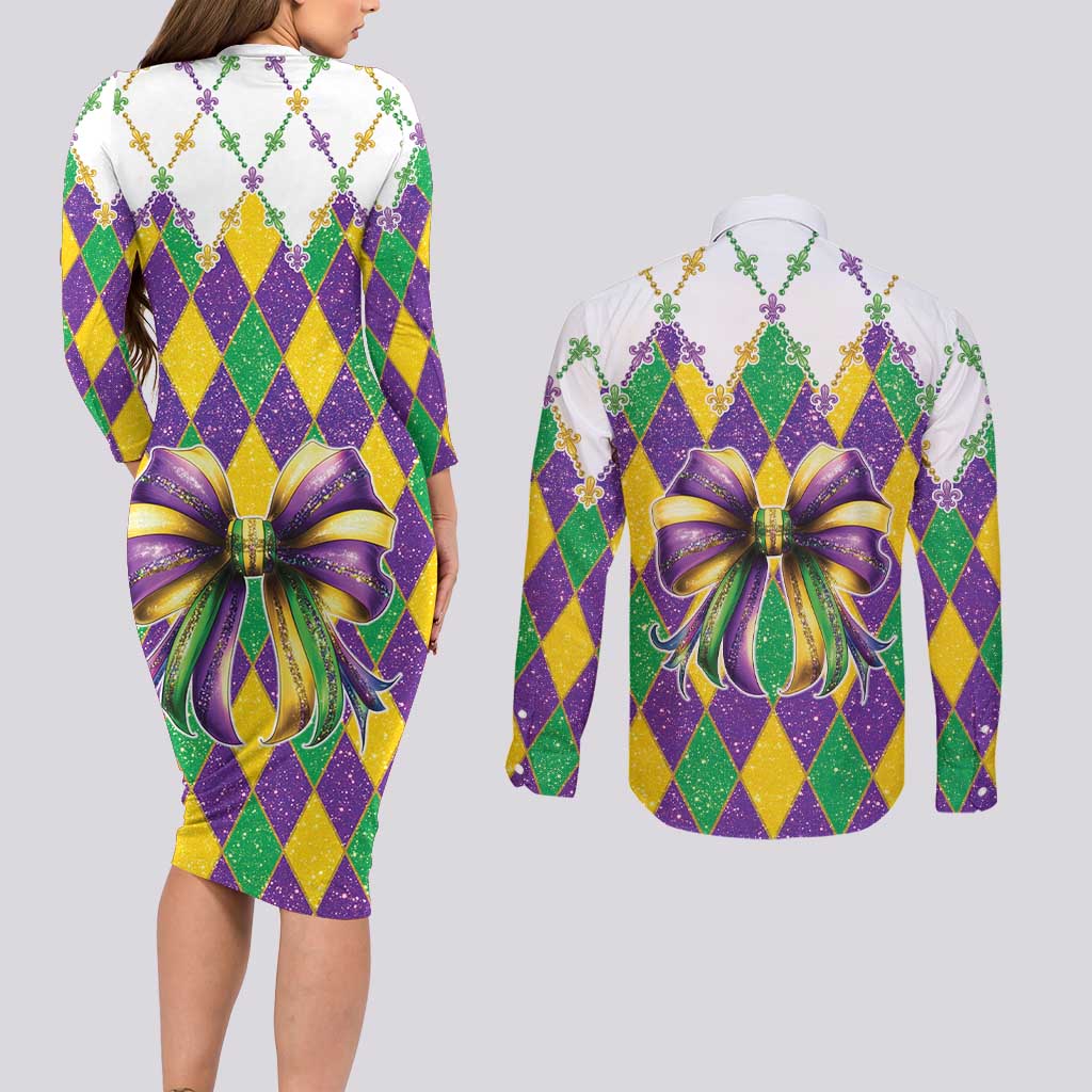 Love Mardi Gras Couples Matching Long Sleeve Bodycon Dress and Long Sleeve Button Shirt Coquette Bow Glitter Style