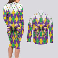 Love Mardi Gras Couples Matching Long Sleeve Bodycon Dress and Long Sleeve Button Shirt Coquette Bow Glitter Style