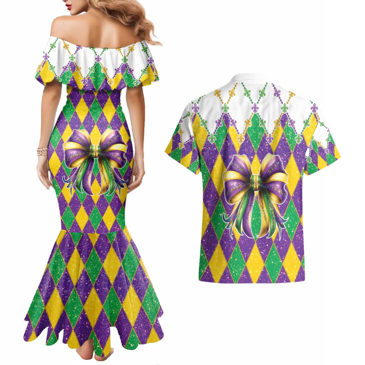 Love Mardi Gras Couples Matching Mermaid Dress and Hawaiian Shirt Coquette Bow Glitter Style