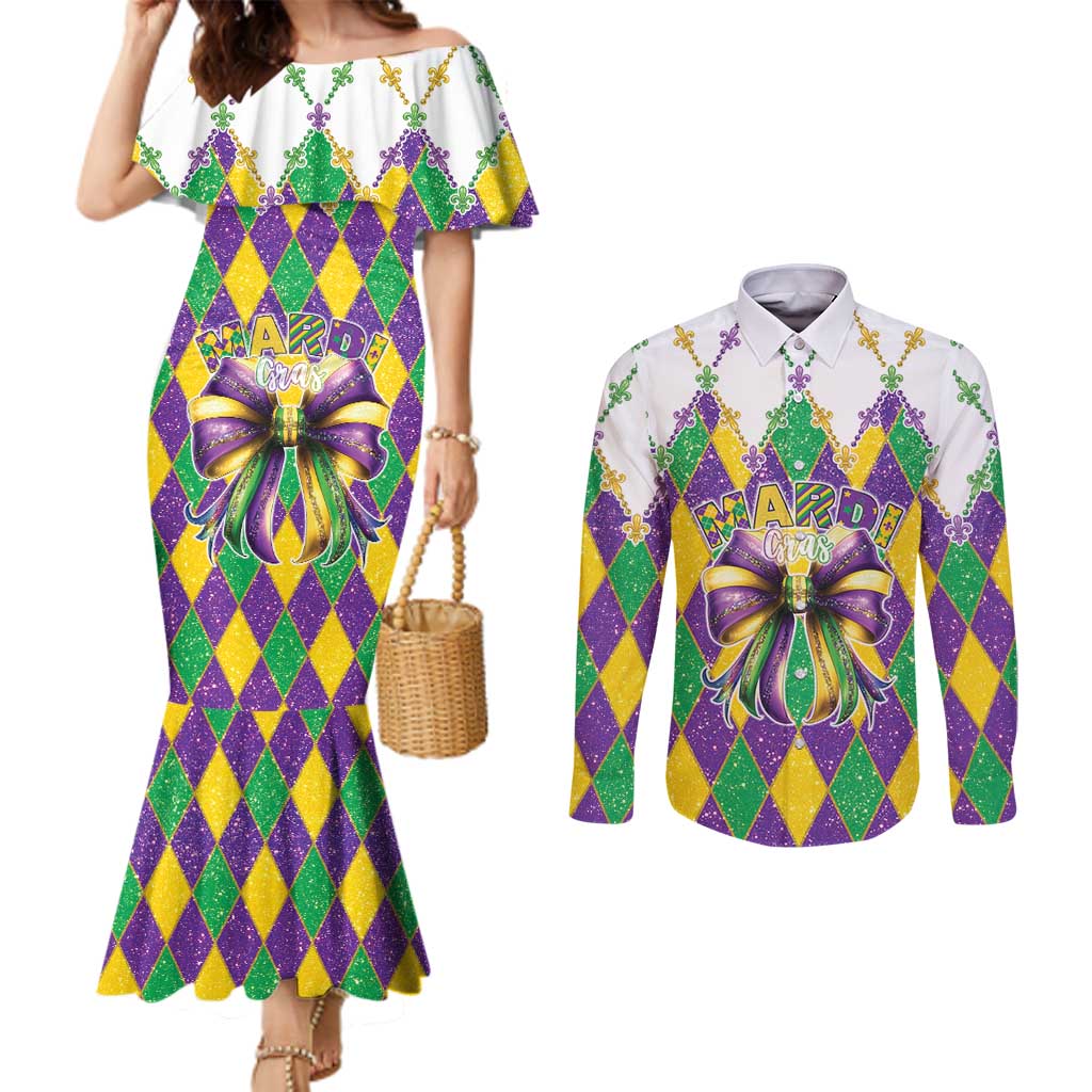 Love Mardi Gras Couples Matching Mermaid Dress and Long Sleeve Button Shirt Coquette Bow Glitter Style