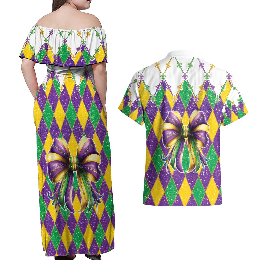 Love Mardi Gras Couples Matching Off Shoulder Maxi Dress and Hawaiian Shirt Coquette Bow Glitter Style