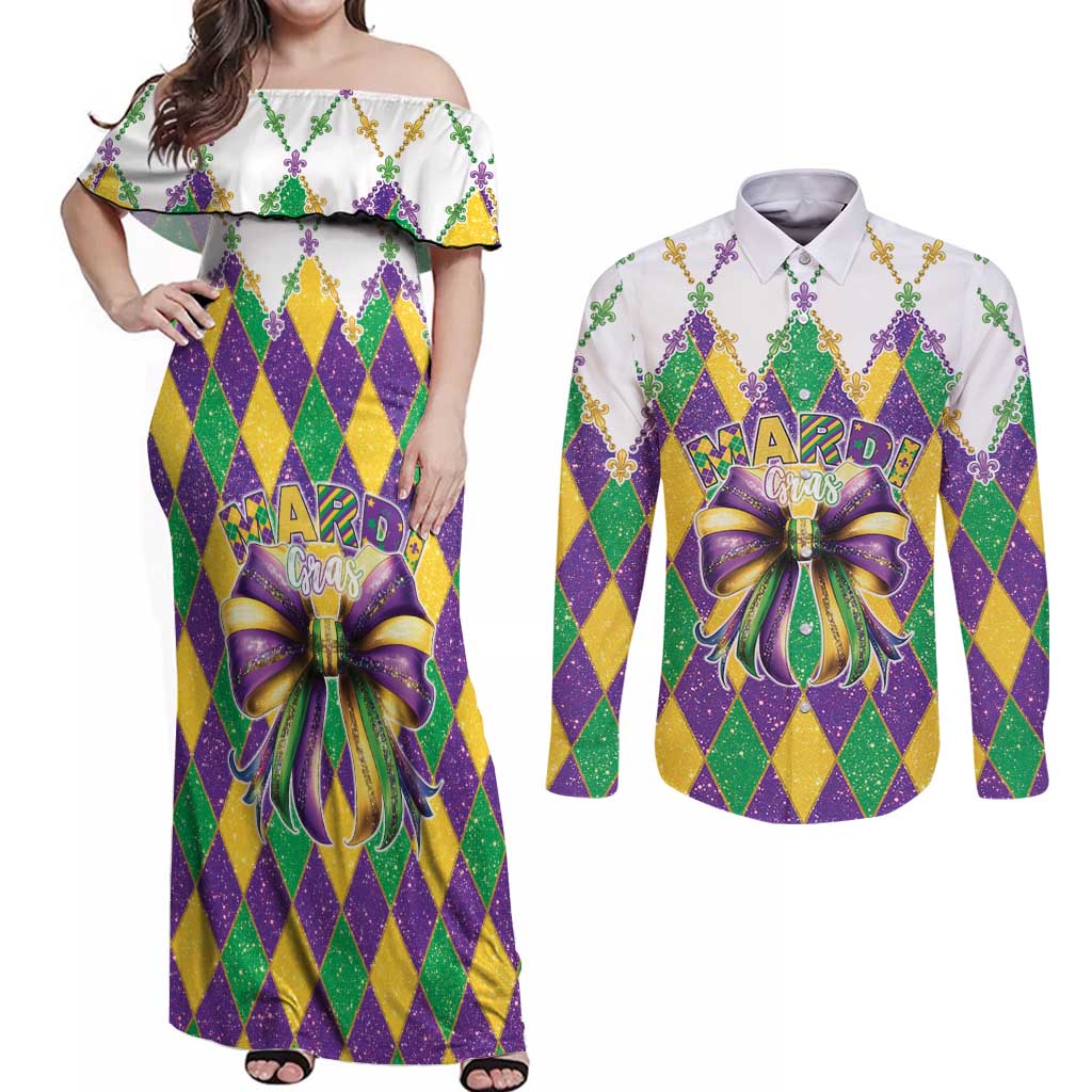 Love Mardi Gras Couples Matching Off Shoulder Maxi Dress and Long Sleeve Button Shirt Coquette Bow Glitter Style