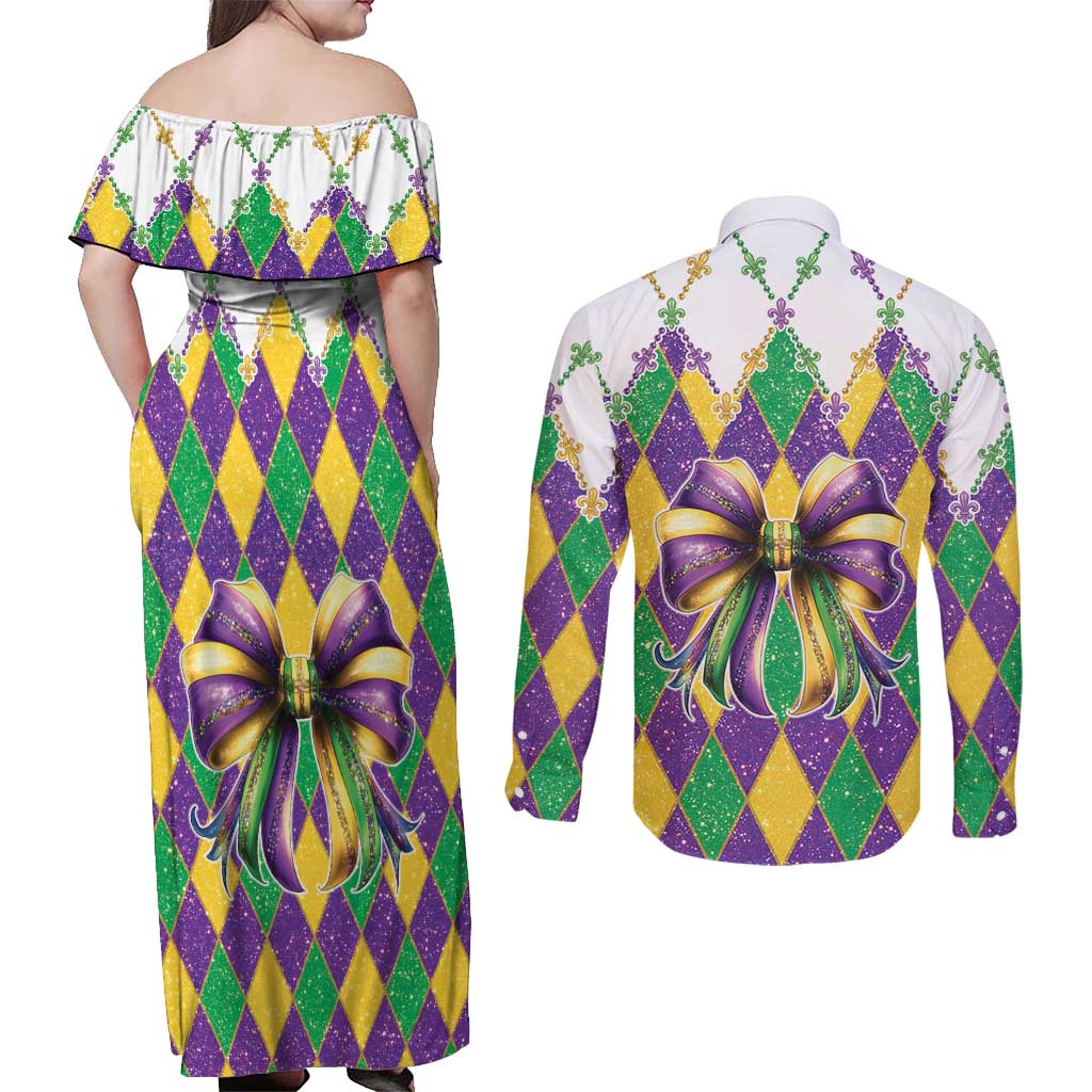 Love Mardi Gras Couples Matching Off Shoulder Maxi Dress and Long Sleeve Button Shirt Coquette Bow Glitter Style