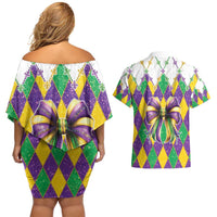 Love Mardi Gras Couples Matching Off Shoulder Short Dress and Hawaiian Shirt Coquette Bow Glitter Style