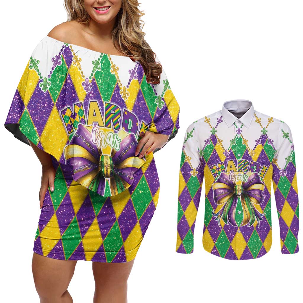 Love Mardi Gras Couples Matching Off Shoulder Short Dress and Long Sleeve Button Shirt Coquette Bow Glitter Style