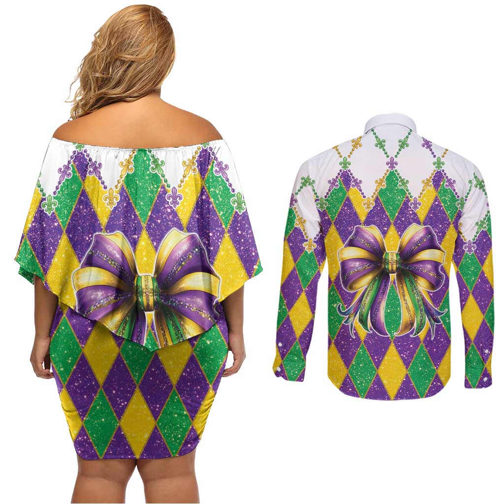 Love Mardi Gras Couples Matching Off Shoulder Short Dress and Long Sleeve Button Shirt Coquette Bow Glitter Style