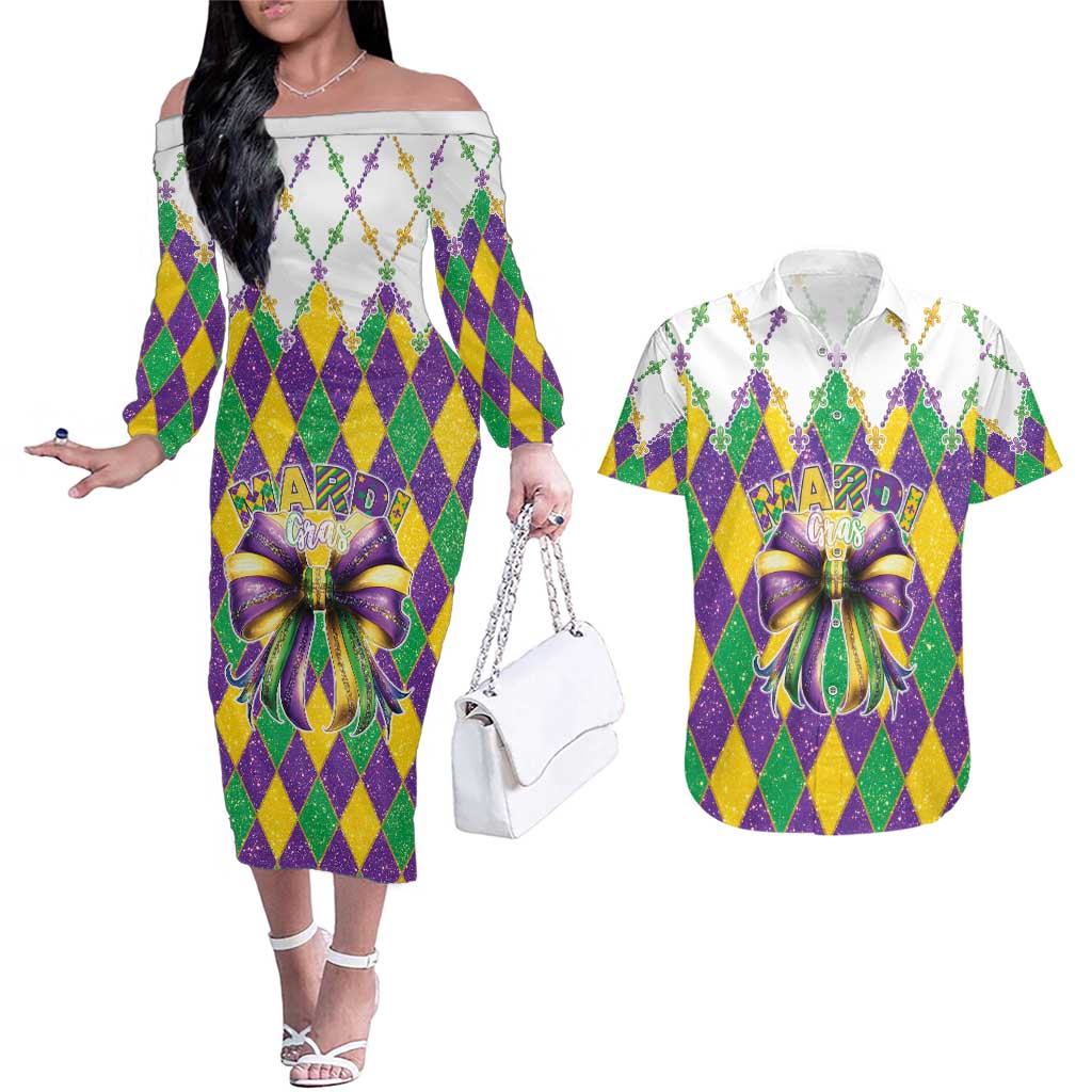 Love Mardi Gras Couples Matching Off The Shoulder Long Sleeve Dress and Hawaiian Shirt Coquette Bow Glitter Style