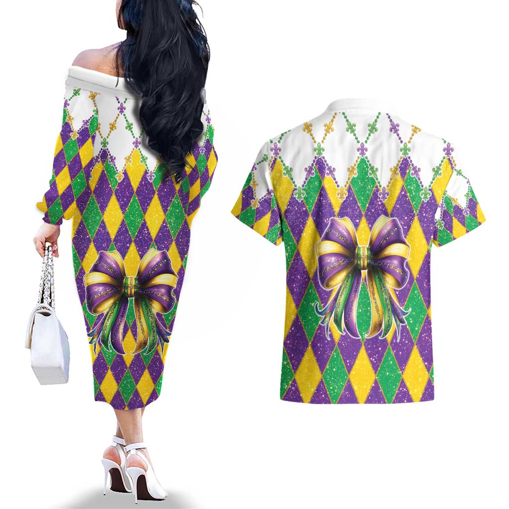 Love Mardi Gras Couples Matching Off The Shoulder Long Sleeve Dress and Hawaiian Shirt Coquette Bow Glitter Style