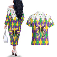 Love Mardi Gras Couples Matching Off The Shoulder Long Sleeve Dress and Hawaiian Shirt Coquette Bow Glitter Style