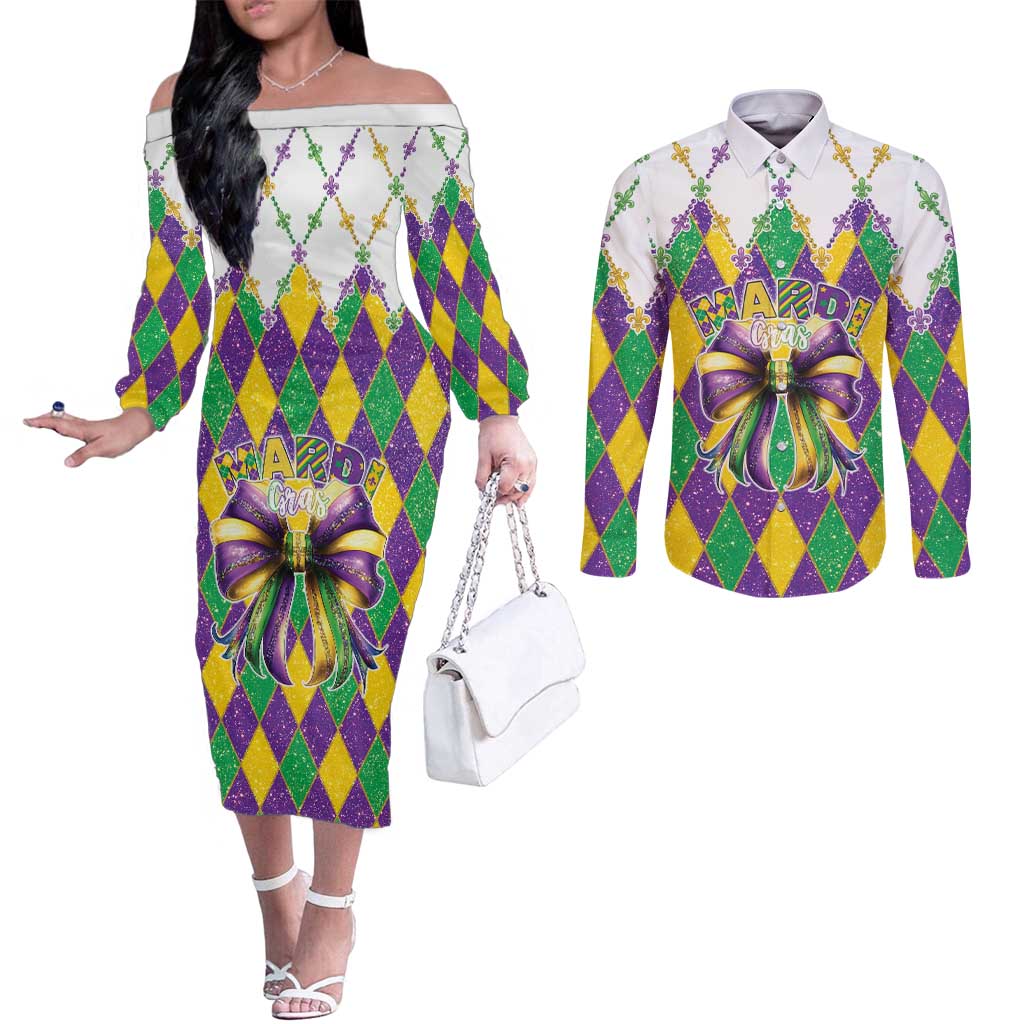 Love Mardi Gras Couples Matching Off The Shoulder Long Sleeve Dress and Long Sleeve Button Shirt Coquette Bow Glitter Style