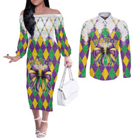 Love Mardi Gras Couples Matching Off The Shoulder Long Sleeve Dress and Long Sleeve Button Shirt Coquette Bow Glitter Style