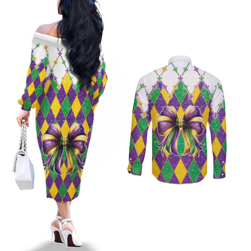 Love Mardi Gras Couples Matching Off The Shoulder Long Sleeve Dress and Long Sleeve Button Shirt Coquette Bow Glitter Style