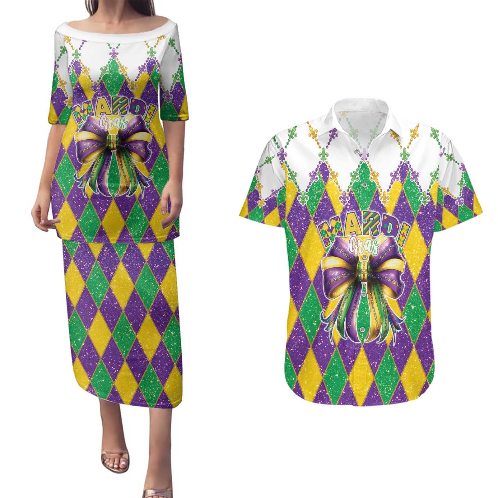 Love Mardi Gras Couples Matching Puletasi and Hawaiian Shirt Coquette Bow Glitter Style